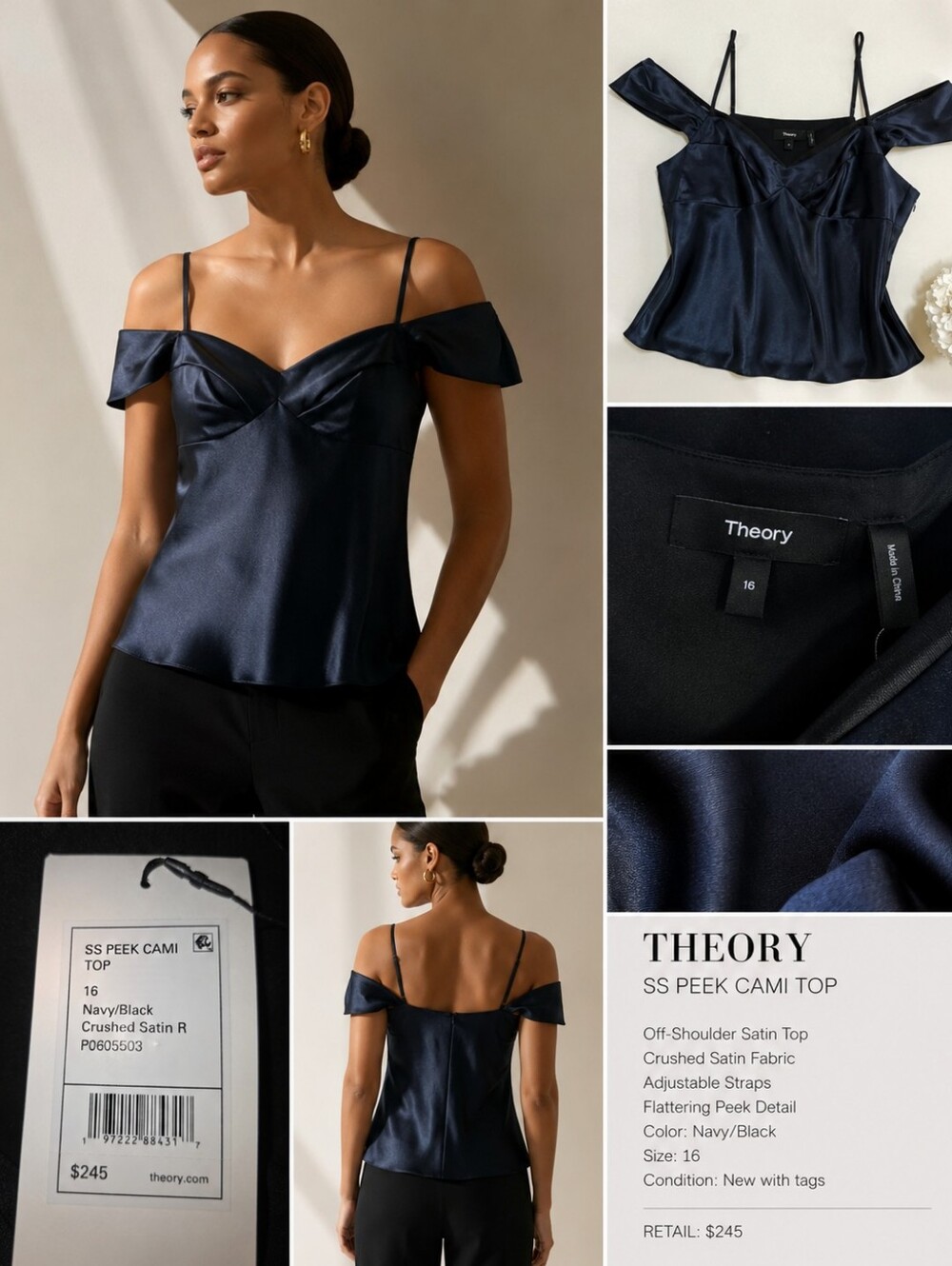 Theory Peek Cami Top NWT Size 16 Navy Blue Satin‎ Off Shoulder Quiet Luxury